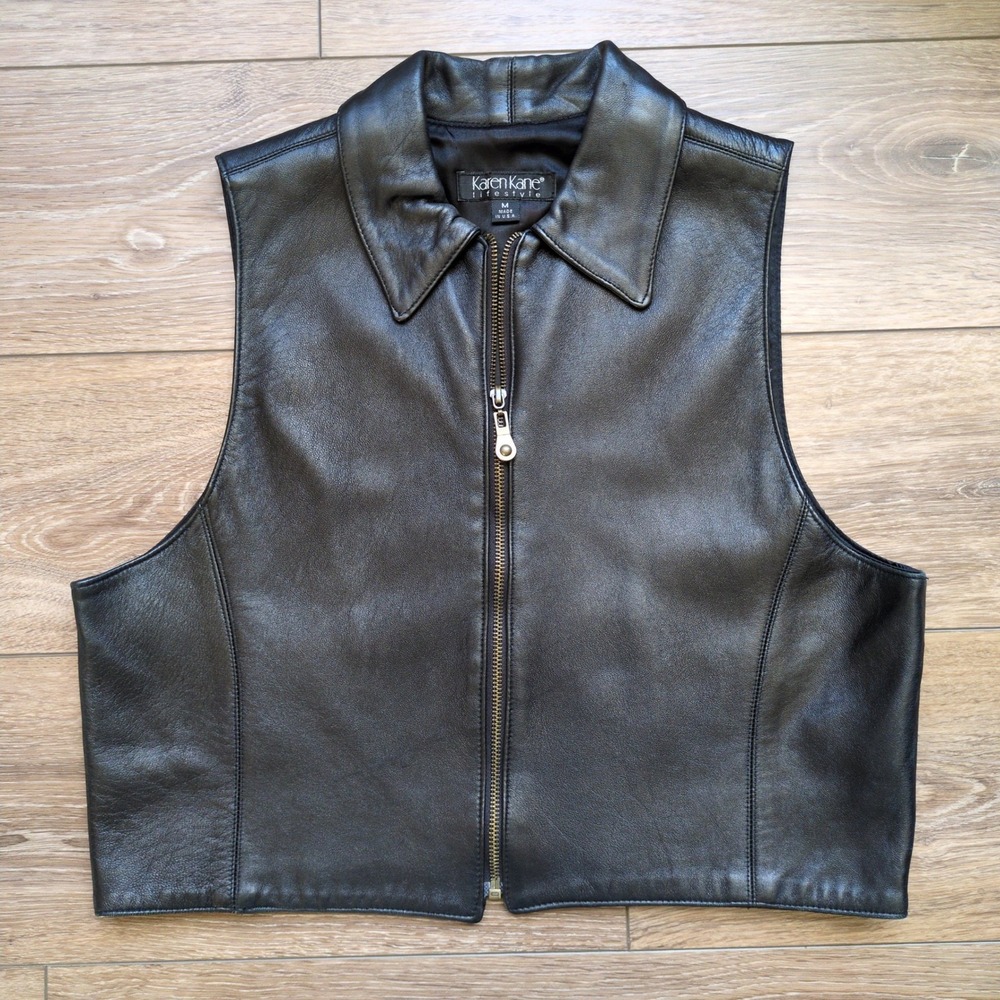 Leather Zipper Front Black Vest - Karen Kane Collared USA Lined Biker Size M